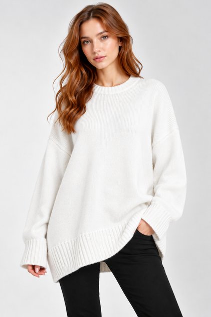 Oversize Basic Beyaz Uzun Kadın Kazak