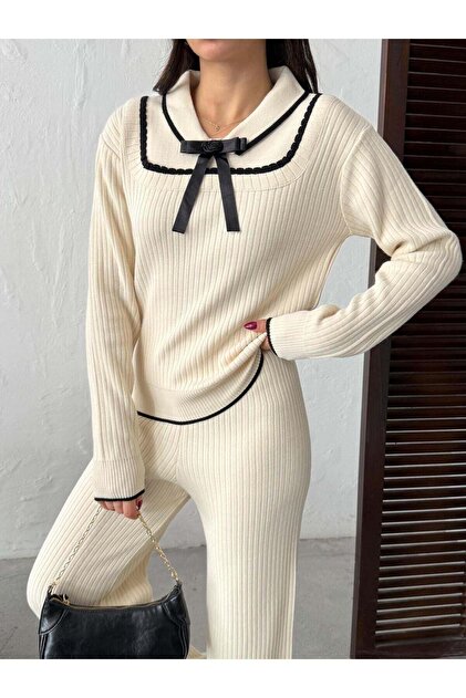 Bowknot Detailed Ship Collar Ribbed Knitwear Sweater and Trousers Two-Piece Set