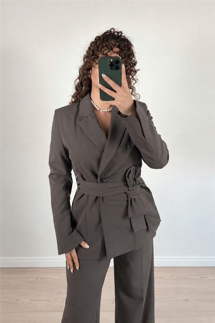 Women's Brown Belted Detailed Blazer Jacket Pleated Trousers Set