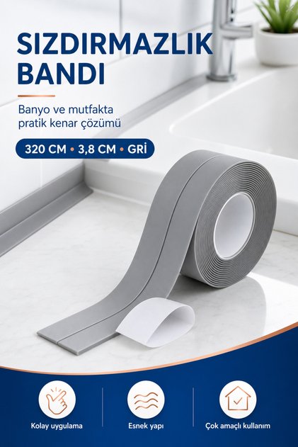 Sızdırmazlık Bandı 3 Metre Gri Çok Amaçlı Banyo Mutfak Klozet Küvet Kenar Bandı Güçlü Yapışkan