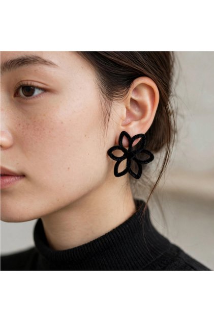 Black Blank Flower Velvet Earrings - Minimal Outline Flower - Modern Elegant Earrings