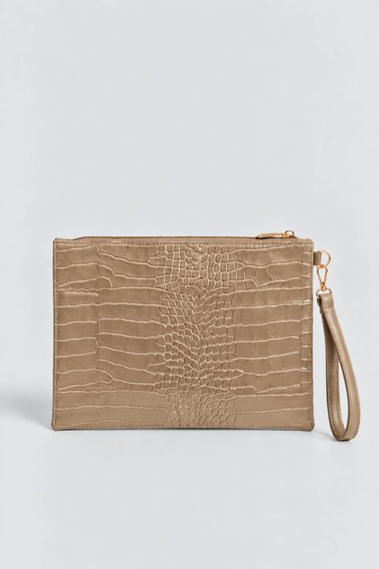 Beige Crocodile Patterned Hand Strap Clutch Bag