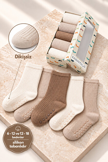 Bamboo Bebek Çorap 5 Çift Özel Kutusunda DİKİŞSİZDİR ( 6 Ay'dan Sonraki Bedenler Silikon Tabanlı )