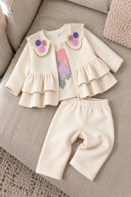Baby Girl 3-Piece Set Floral Knitted Collar Ruffle Jacket Top and Bottom 3-Piece Set 6-9-12-18-24 Months