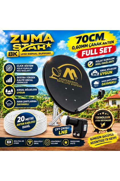 70 cm Click Sistem Rüzgara Dayanıklı Kırsal Bölgelere Uygun Çanak Anten Takımı 20m Kablo Çiftli LNB