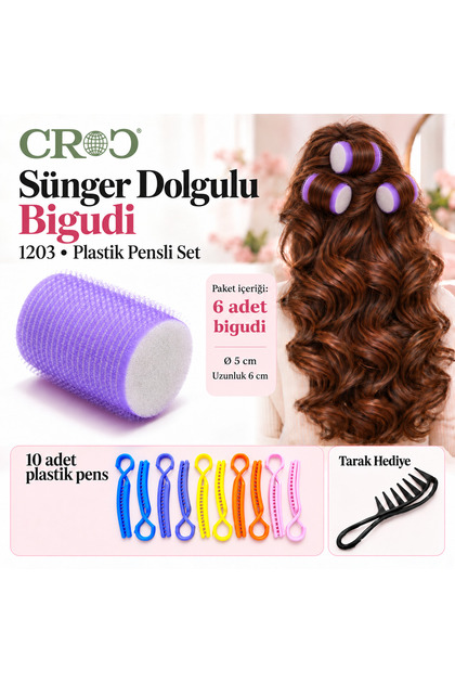 1203 Mor Cırtlı Sünger Bigudi 6lı Çap 5cm Yapışkanlı Saç Bigudisi (saç Pensli)