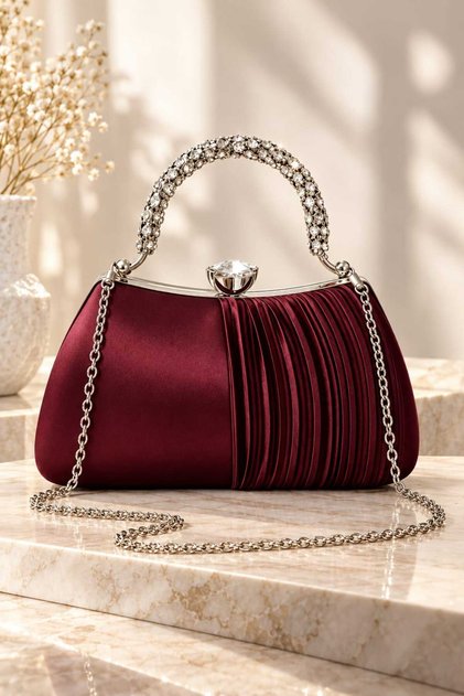 Half-Battery-Operated Claret Red Satin Stone Handle Evening Dress Bag, Handbag, Silver Evening Dress Bag