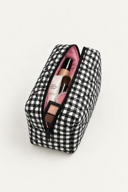 Black Gingham Patterned Makeup Bag 17X14 cm Medium Size