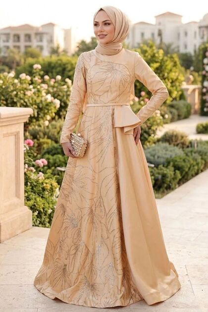 Glitter Patterned Beige Hijab Evening Dress 373Bej