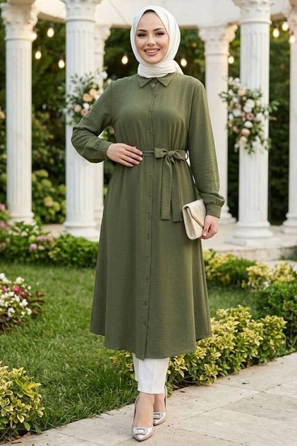 Buttoned Khaki Hijab Tunic 32172Hk