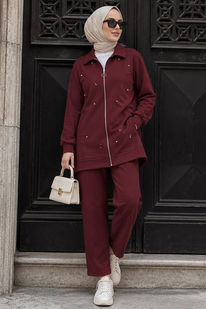 Zippered Burgundy Hijab Double Set 12401Br