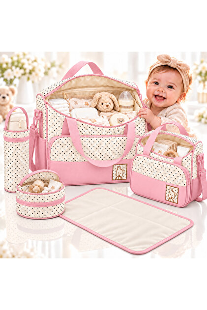 Set Genti Bebe 5 Piese Pentru Maternitate Cu Geanta Scutece, Izolator Biberon, Pad Schimbat