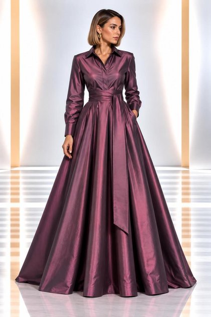 Maxi Boy Long Sleeve Taffeta Shirt Dress with Detachable Belt Cou-18