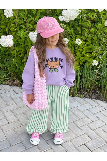 My Little One's Cicileri Future Artist Printed Sweatshirt and Green Striped Girl's Pants Set - Lil