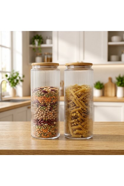 Set of 2 1500 ml Striped Glass Jars with Wooden Lids – Stylish and Modern Food Storage Jars