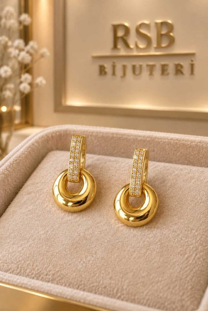 Küpe Halka LUXE Seri Transformer Taşlı Altın Renk Kaplama + Hediye Paket