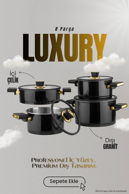 Luxury 8 Parça İçi Paslanmaz Çelik Dışı Granit Tencere Seti – Altın Detaylı , Modern Tasarım, lüks tencere