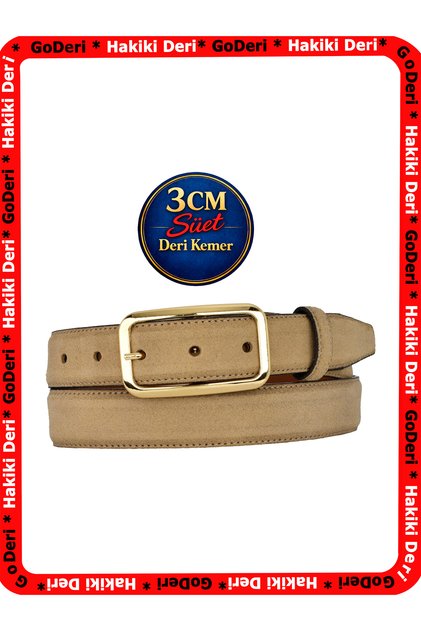 Genuine Leather, 3 cm Gold Color Rectangular Buckle, Mink Beige Suede, Stitched Classic Women's Belt, 3Cmkla50