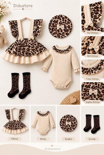 4 Lü Leoparlı Çoraplı Kız Takım