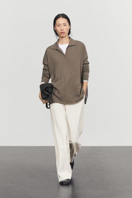 Oversize polo yakalı %100 kaşmir triko kazak