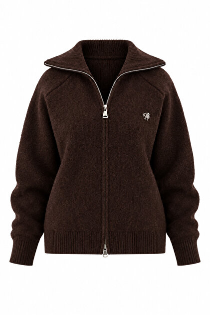 Brown Zippered Mock Neck Cardigan