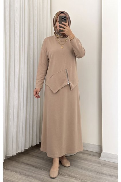 Women's Zipper Detail Asymmetrical Cut Skirted Hijab Suit Combination Beige