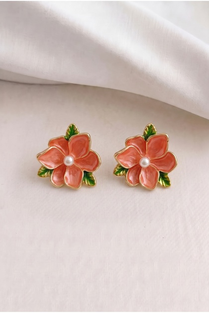 Design Orange Enamel Flower Gold Color Women's Earrings