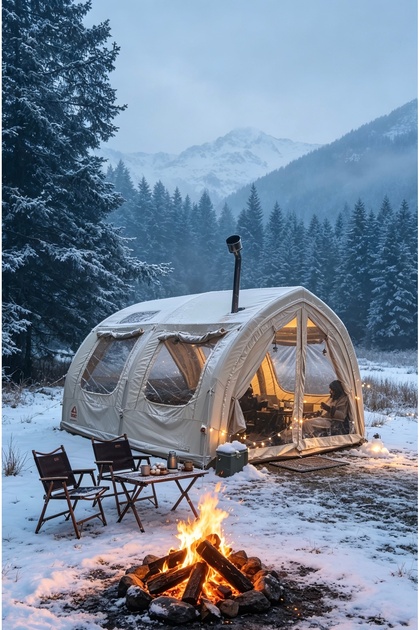 GLAMPING Tekne Şekilli Şişme Çadır 400×350×220 cm – Şeffaf Kapı ve Pencereli