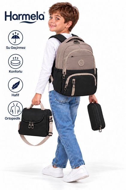 First School Bag Set of 3 Unisex Children's Primary School Bag Hrm-8010 Mink-Black