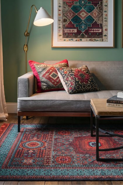 Mira Memlük V15 Turkuaz Klasik Kaymaz Tabanlı Yıkanabilir Kilim