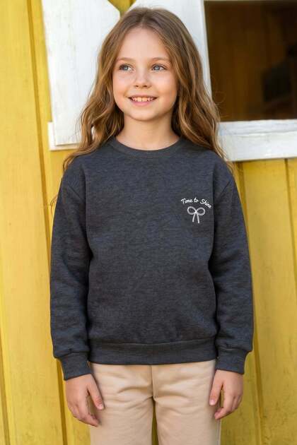 3 Thread Bow Embroidered Crew Neck Girls' Sweatshirt