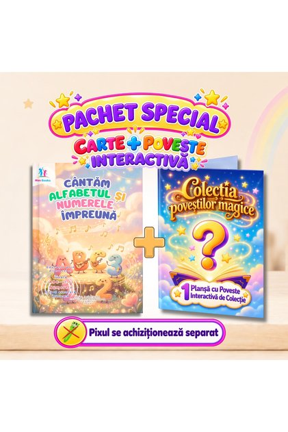 Pachet Cântăm Alfabetul și Numerele Împreună Carte cu sunete interactivă + 1 Poveste Interactivă Surpriză, cu sunete și explicații, compatibil cu pixul Minibooks, FĂRĂ PIX