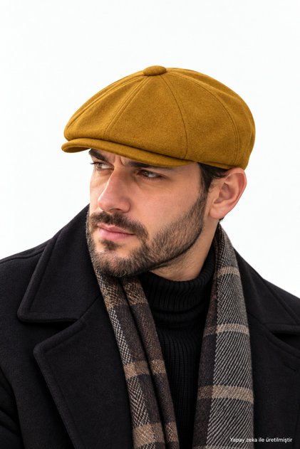 Men's Cashmere Beanie Mustard 8 Pieces Winter British Model Newsboy Hat Cap
