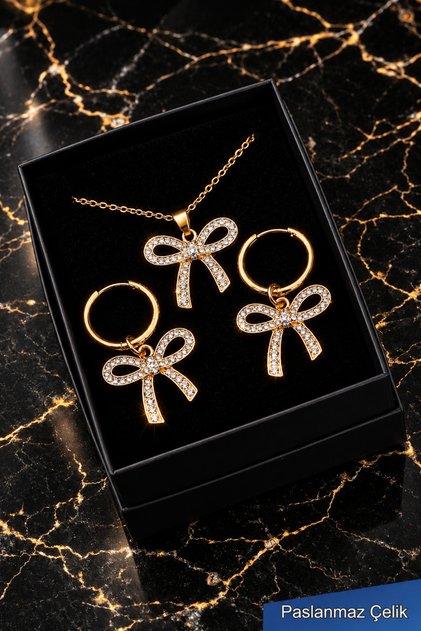 Zirkon Taşlı Fiyonk Çelik Kolye Küpe Seti – Kadın Gold Takı Seti