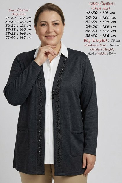 Women's Plus Size Stone Embellished Seasonal Mom Cardigan - 75 cm Wide Buttoned Double Pocket Classic Flowy Tok Fabric Short Cardigan