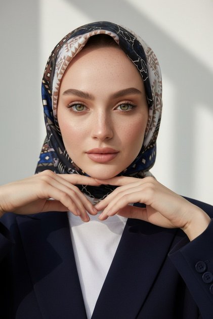 Twill Etnik Desenli Lacivert Renkli 90x90 Eşarp (İpek İçermez) Kenar Dikiş Şekli El Dikişli