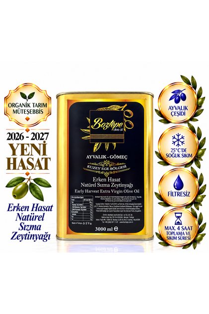3 LT Erken Hasat Natürel Sızma Zeytinyağı (2026-2027) – Soğuk Sıkım, Filtresiz