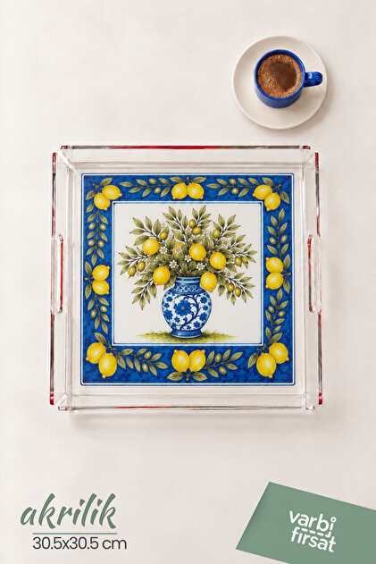 Lemon Patterned Transparent Acrylic (Plexiglass) Decorative Presentation Tray (31×31 cm)