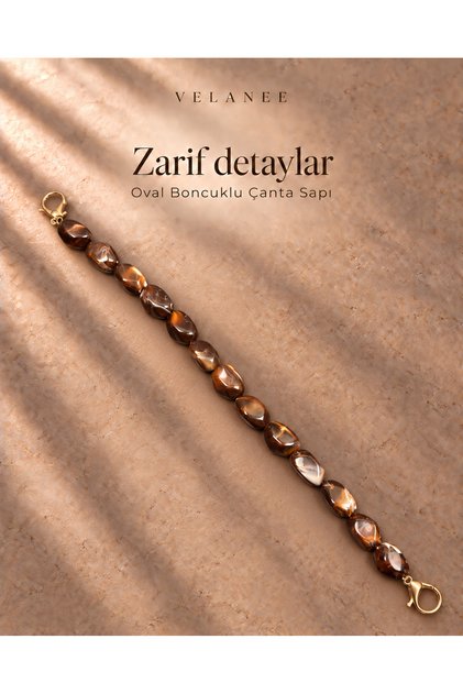 Amber Kahve Mermer Desenli Zeytin Form Akrilik Boncuk Çanta Sapı 42 cm