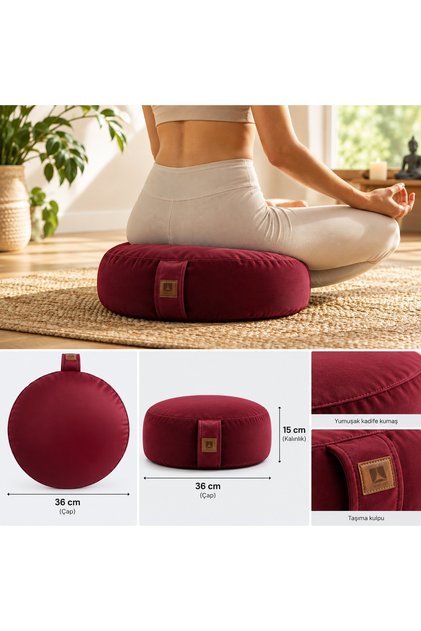 Kadife Yoga & Meditasyon Minderi, Ergonomik Oturma Destek Yastığı Bordo