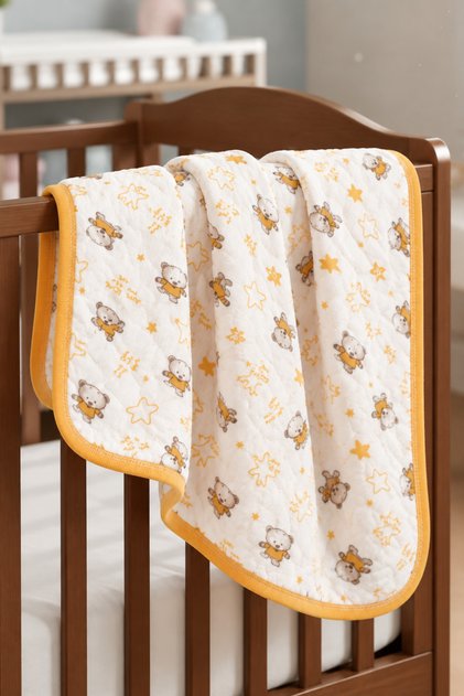 Teddy Bear Patterned Combed Cotton Single Layer Cream Yellow Baby Blanket