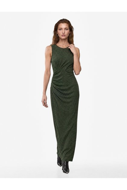 Rochie slim fit, cu decolteu, cu mâneci, lungime midi, cu sclipici