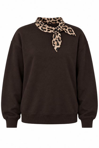 Women's Brown Scarf Detailed Embossed Printed Cotton Sweatshirt