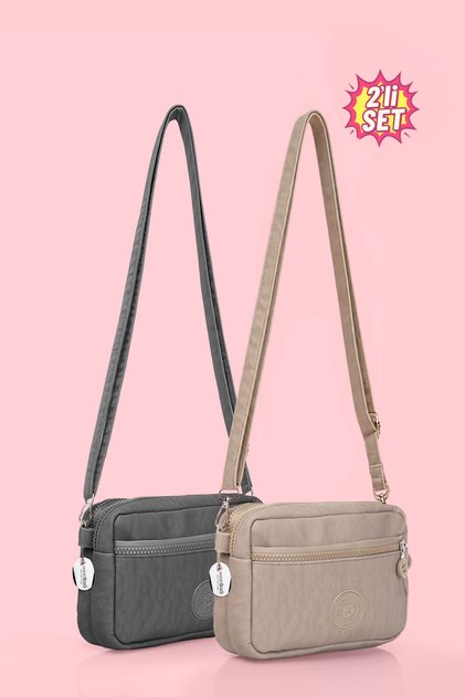Women's Crossbody Three-Compartment Zippered Crinkle Casual Shoulder Bag Gray and Beige Set of 2