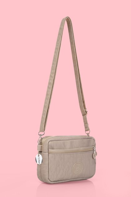 Women's Crossbody Beige Three-Compartment Zippered Crinkle Casual Shoulder Bag