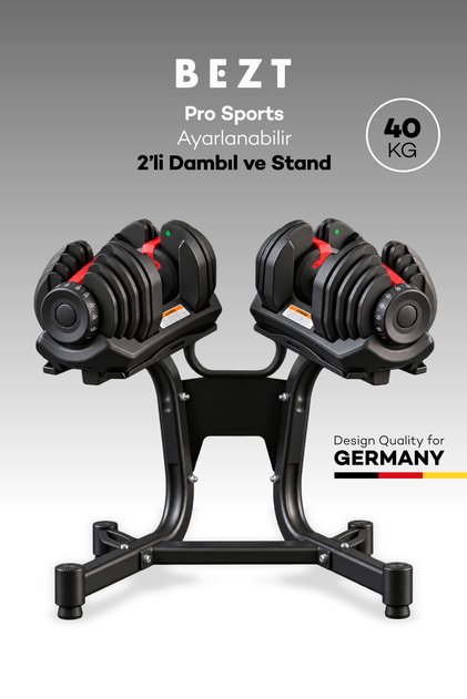 Pro Sports 2x40kg Ayarlanabilir Dambıl Seti + Stand - Kırmızı Profesyonel 80kg Ağırlık Seti