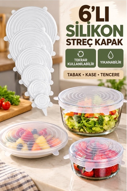Tazeliği Koruyan 6 Lı Silikon Streç Kapak Sızdırmaz Tabak Bonesi Pratik Taşırmaz Silikon Tencere Kapağı
