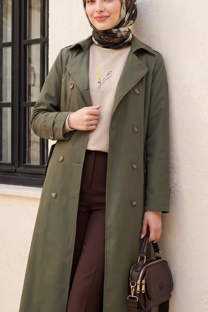 Double Button Belted Trench Coat -Khaki