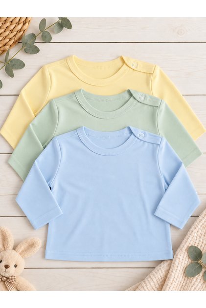 %100 Pamuk Unisex 3'lü Uzun Kollu İnce Mevsimlik Bebek T-Shirt / Kız Erkek Çocuk Tişört