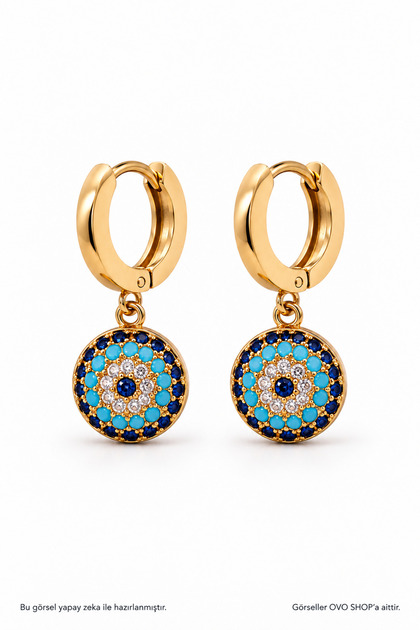 Gold Hoop Steel Women's Earrings with Evil Eye Beads and Stones